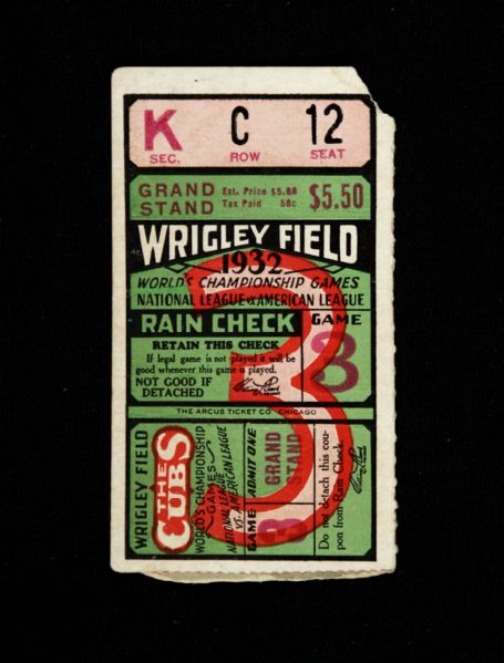 1932 Chicago Cubs New York Yankees Wrigley Field World Series Game 3 Ticket Stub (Babe Ruth Called Shot)