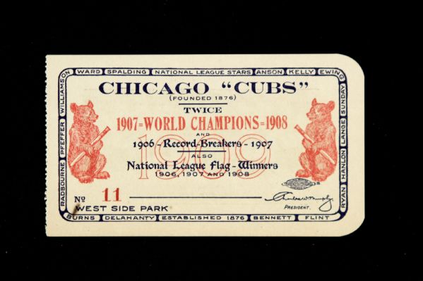 1909 Chicago Cubs West Side Park Stadium Season Ticket Pass with ornate obverse featuring 1908 team photo 