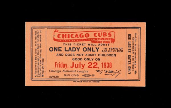 1938 Chicago Cubs Wrigley Field Ladies Only Ticket