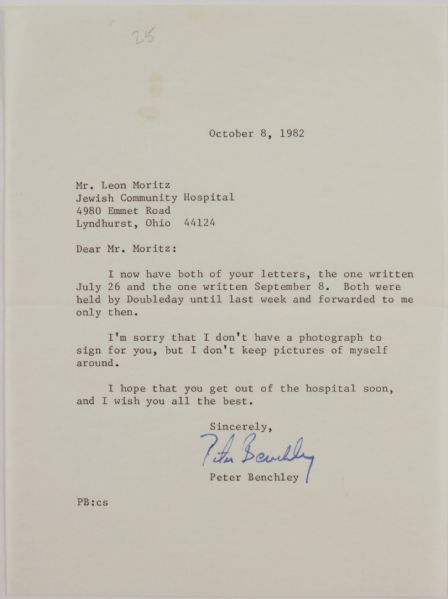 1982 Peter Benchley Jaws Author Signed Letter (JSA)