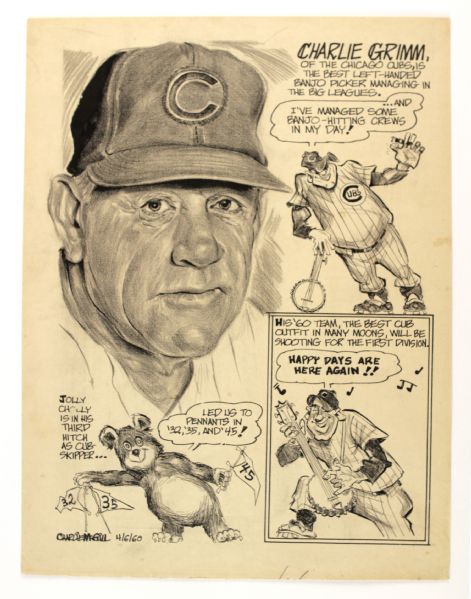 1960 Charlie Grimm Chicago Cubs Original 12" x 16"  Published Art - The Original Mr. Cub