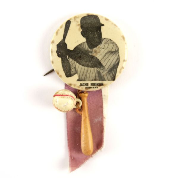 1940s late Jackie Robinson Brooklyn Dodgers Pinback Button w/ Original Ribbons & Charms