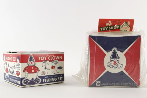 1940s Tak A Part Toy Clown Feeding Set Monarch Plastics Corp. - Lot of 2 w/ Original Packaging