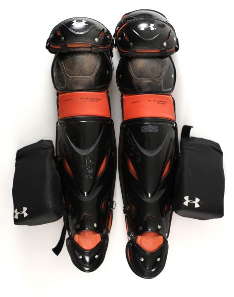 2011 Buster Posey San Francisco Giants Game Worn Shin Guards Possibly from Season Ending Home Plate Collision (MEARS LOA)
