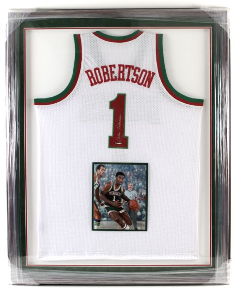 1990s Oscar Robertson Milwaukee Bucks 34" x 43" Framed Display w/ 8" x 10" Photo & Signed Jersey (TriStar COA)