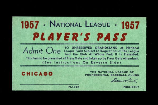 1957 Chicago Cubs National League Players Pass