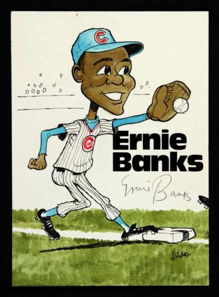 1970s Ernie Banks Chicago Cubs Signed 5" x 7" Illustration (JSA)