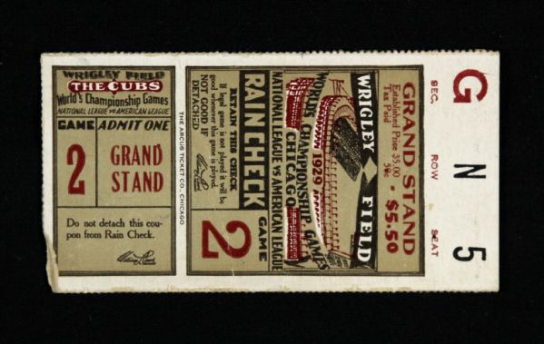 1929 Chicago Cubs Philadelphia Athletics Wrigley Field World Series Game 2 Ticket Stub