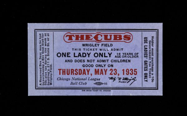 1935 Chicago Cubs Wrigley Field Ladies Only Ticket