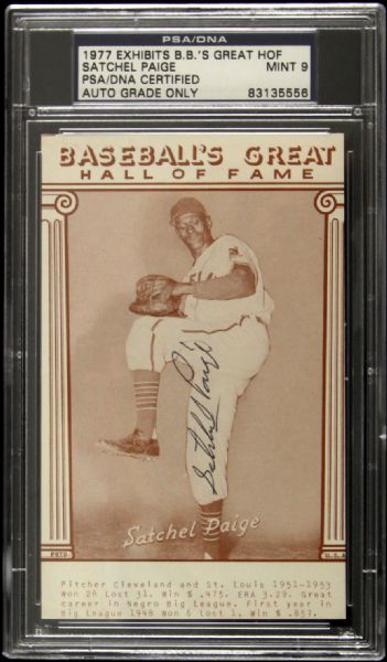 1977 Satchel Paige Cleveland Browns Signed Exhibits Baseballs Great Hall of Fame Card (PSA/DNA Mint 9)
