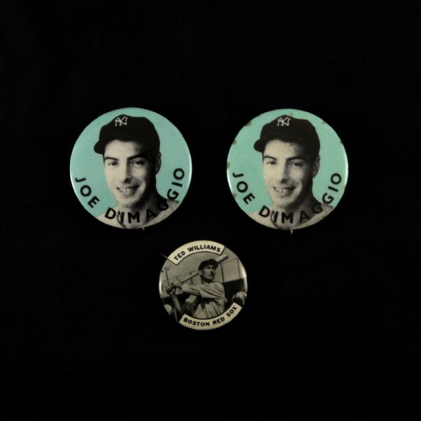 1970s Joe DiMaggio Ted Williams Pinback Buttons - Lot of 3