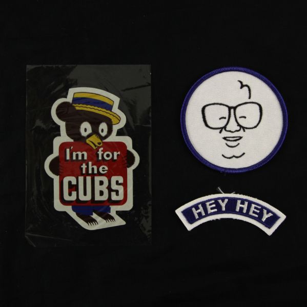 1970-98 Harry Caray Chicago Cubs 3.5" Circular Memorial & Hey Hey Jersey Patches w/ Vintage Cubs Heat Transfer 