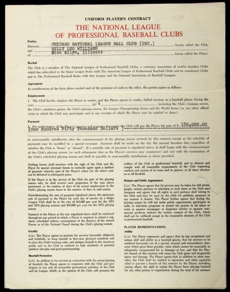 1974 Billy Williams Chicago Cubs Signed Uniform National League Players Contract (JSA)