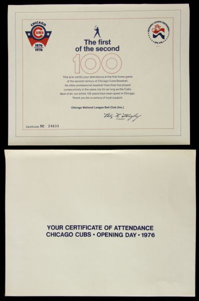 1976 Chicago Cubs Wrigley Field Opening Day Attendance Certificate First Day of the Second Century of Cubs Baseball - Lot of 3