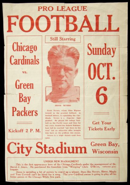 1929 Green Bay Packers Bulletin Advertising October 6 Game Versus Ernie Nevers & Chicago Cardinals