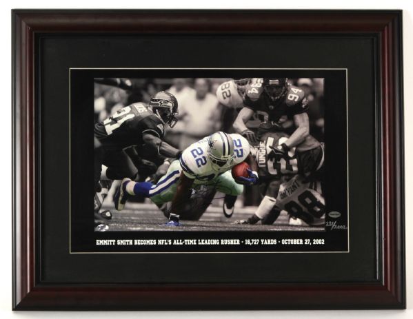2002 Emmitt Smith Dallas Cowboys Breaking All Time Rushing Record Signed 19" x 25" Framed Display 231/2002 (Triumph Sports Hologram)