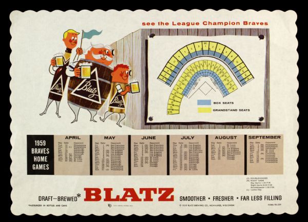 1959 Milwaukee Braves Blatz Beer 10" x 14" Paper Placemat w/ Schedule and County Stadium Seating Diagram