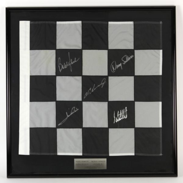 1995 Mario Andretti Michael Andretti Danny Sullivan Al Unser Jr. Bobby Rahal Signed 32" x 32" Framed Checkered Flag (IndyCar Speed Shop COA)