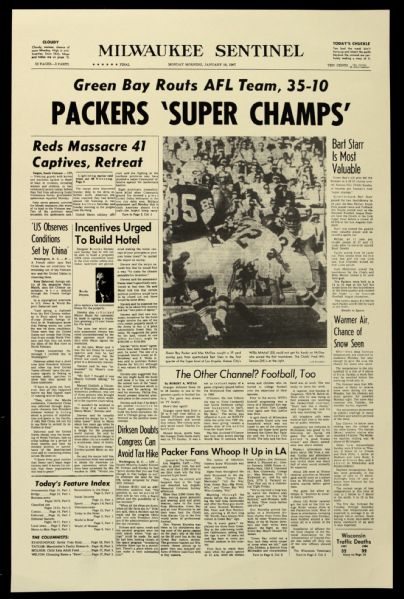 1967 Milwaukee Sentinel "Packers Super Champs" 8.5" x 13" Front Page Reprint