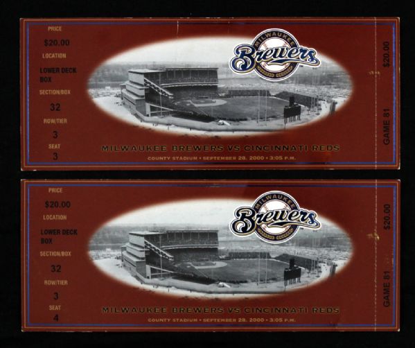 2000 Milwaukee Brewers Cincinnati Reds County Stadium Last Game Tickets - Lot of 2