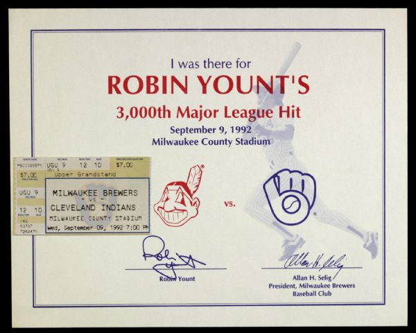1992 Robin Yount Milwaukee Brewers 3000th Hit Ticket Stub & Certificate