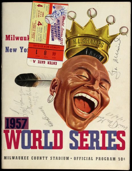 1957 Milwaukee Braves New York Yankees County Stadium World Series Ticket Stub & Program Signed by Stan Musial (JSA)
