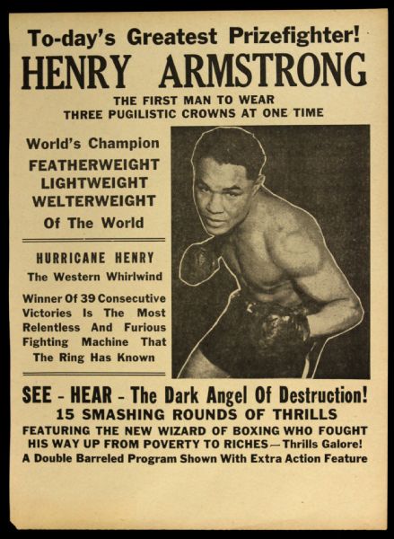 1938 Henry Armstrong World Featherweight Lightweight Welterweight Champion 8.5" x 12" Broadside