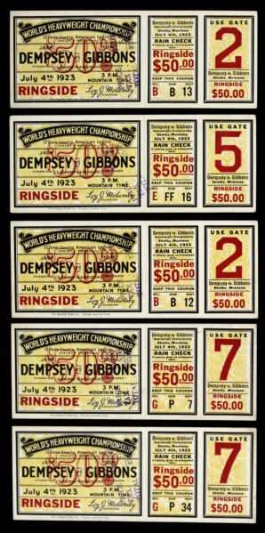 1923 Jack Dempsey Tom Gibbons Heavyweight Title Bout Ticket Collection - Lot of 5