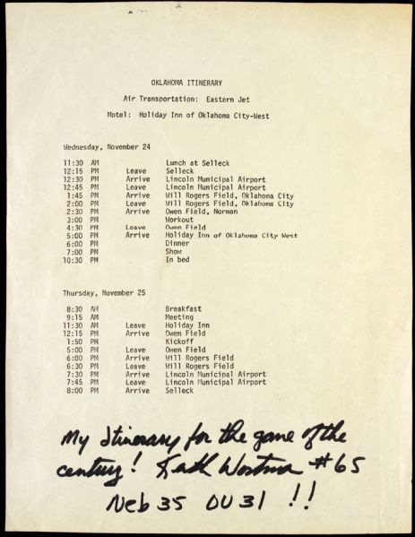 1971 Keith Wortman Nebraska Cornhuskers Signed Itinerary From Game of Century vs. Ohklahoma (JSA) Keith Wortman Collection