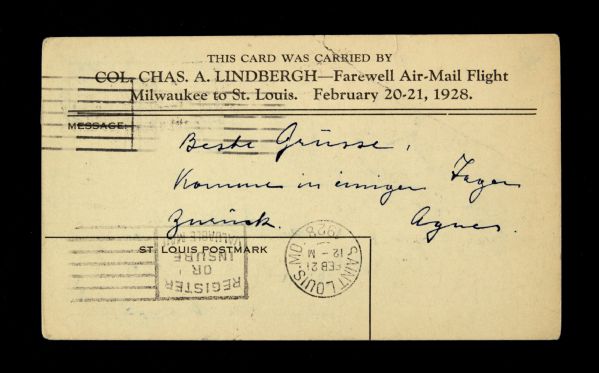 1928 Postcard Carried via Air Mail by Charles Lindbergh on Farewell Air Mail Flight