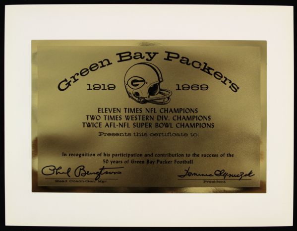 1969 Green Bay Packers 50 Year Honorary Certificate