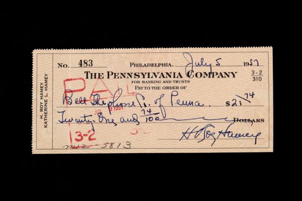 1957 H. Roy Hamey New York Yankees Signed Check (JSA)