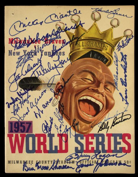 1957 Milwaukee Braves New York Yankees Signed County Stadium World Series Scored Game 6 Program w/ 24 Signatures (JSA) w/ Mickey Mantle