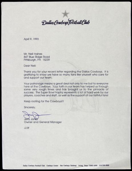 1984-93 Tom Landry Tex Schramm Jerry Jones Dallas Cowboys Signed Letters - Lot of 3 (JSA)