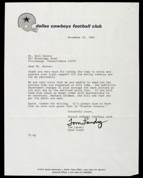 1981 Tom Landry Dallas Cowboys Signed Letter (JSA)