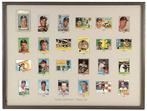 1952-74 Eddie Mathews Milwaukee Braves 24" x 32" Framed Display w/ Every Topps Card Including 7-NM Graded Rookie & Aaron/Mathews Signed 1959 Card (JSA)