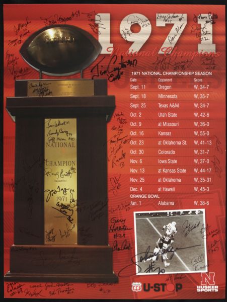 1971 University of Nebraska Team Signed 18" x 24" National Champions Poster w/ 50 Signatures (JSA) Keith Wortman Collection