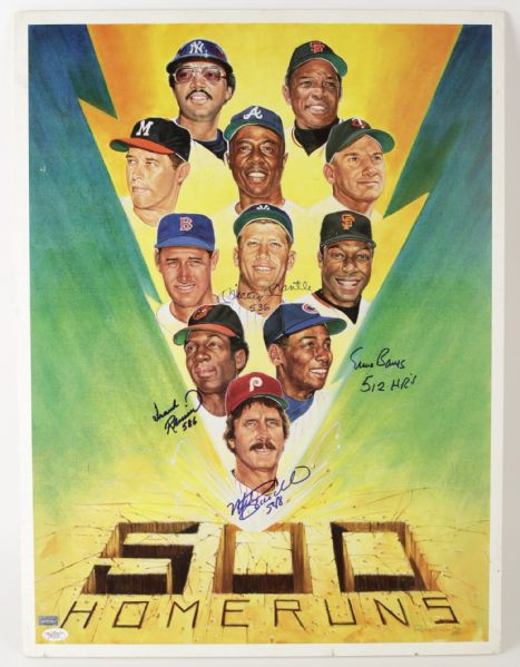 1986 Mickey Mantle Frank Robinson Ernie Banks Mike Schmidt Signed Ron Lewis 500 HR Club Mounted 18" x 24" Print (JSA)