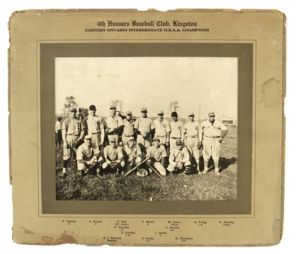 1920s Kingston Ontario 4th Hussars Baseball Club 12" x 14" Mounted Team Photo 