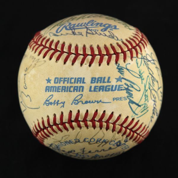 1984-94 Hall of Fame Multi Signed OAL Brown Baseball w/ 25 Signatures Including Mickey Mantle, Jocko Conaln, Billy Herman & More (JSA)