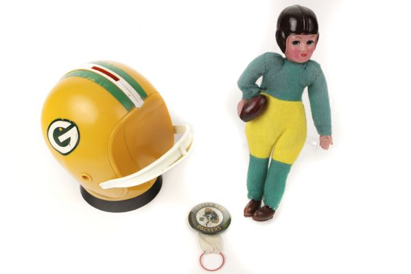 1960s Green Bay Packers Memorabilia Collection - Lot of 3 w/ Pinback Button, Doll and Piggy Bank 