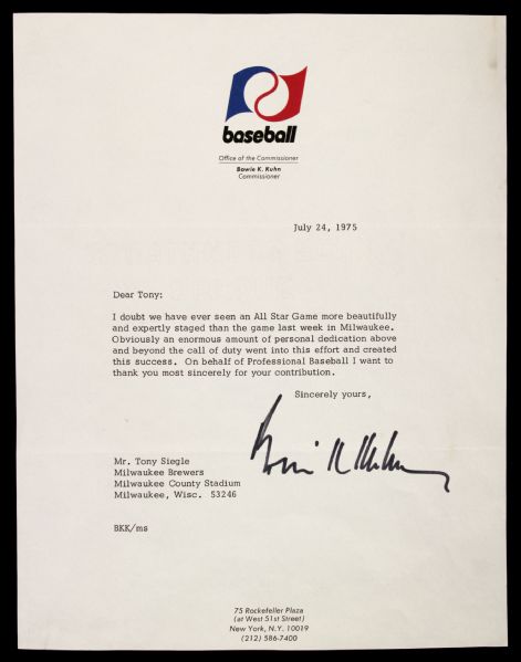 1975 Bowie Kuhn Major League Baseball Commisioner Signed Letter (JSA)