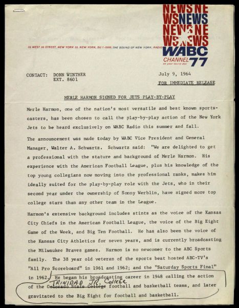 1964 Press Release Announcing Merle Harmon as New York Jets Play by Play Man