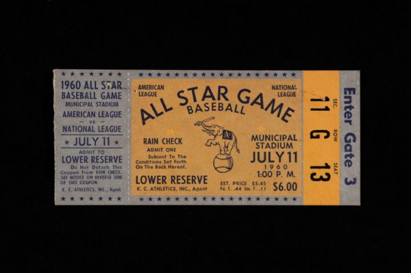 1960 Major League Baseball All Star Game Municipal Stadium Ticket Stub