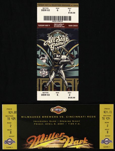 2001-02 Milwaukee Brewers Miller Park Inaugural Game Full Ticket & All Star Game Ticket Stub