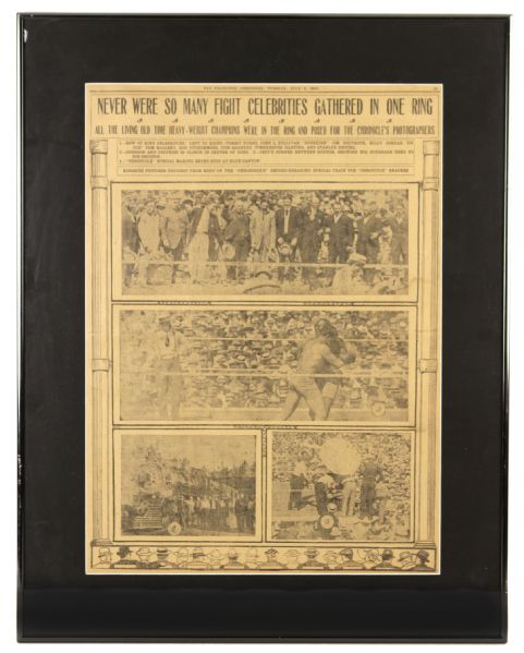 1910 "Never Were So Many Fight Celebrities Gathered In One Ring" 22" x 28" Framed San Francisco Chronical Newspaper
