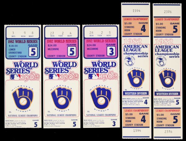 1982 Milwaukee Brewers World Series & American League Championship Series Ticket Stub Collection - Lot of 5