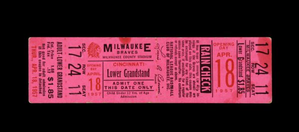 1957 Milwaukee Braves County Stadium Opening Day Ticket