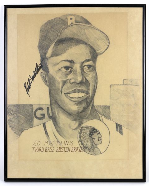 1952 Eddie Mathews Boston Braves Signed 16" x 20" Framed Original Illustration (JSA)