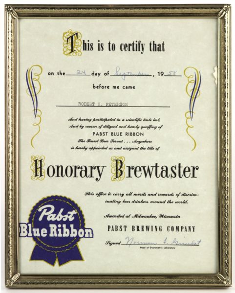 1958 Pabst Blue Ribbon Honorary Brewtaster 8" x 10" Framed Certificate 